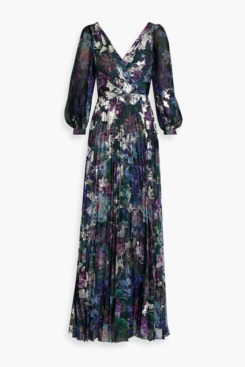 Marchesa Notte - Cutout metallic floral-print chiffon gown - Green - US 4