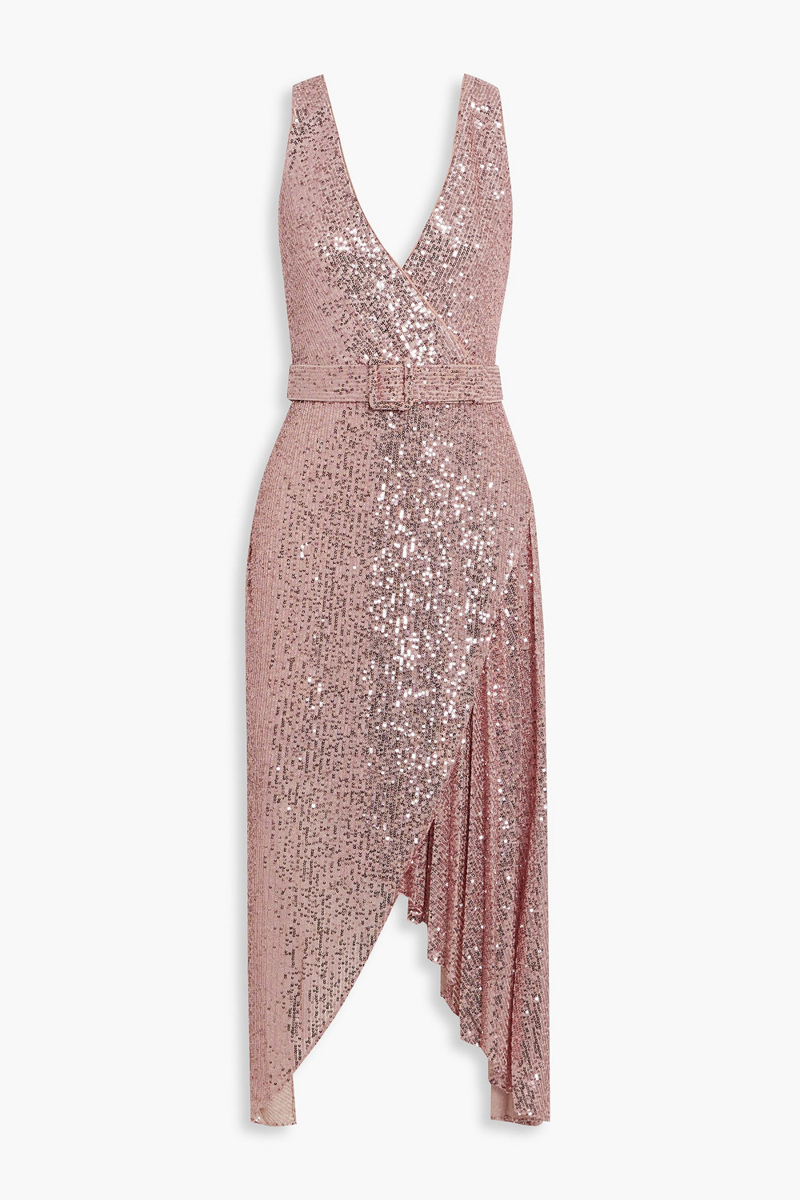 Badgley Mischka - Belted wrap-effect embellished stretch-tulle dress - Pink - US 10