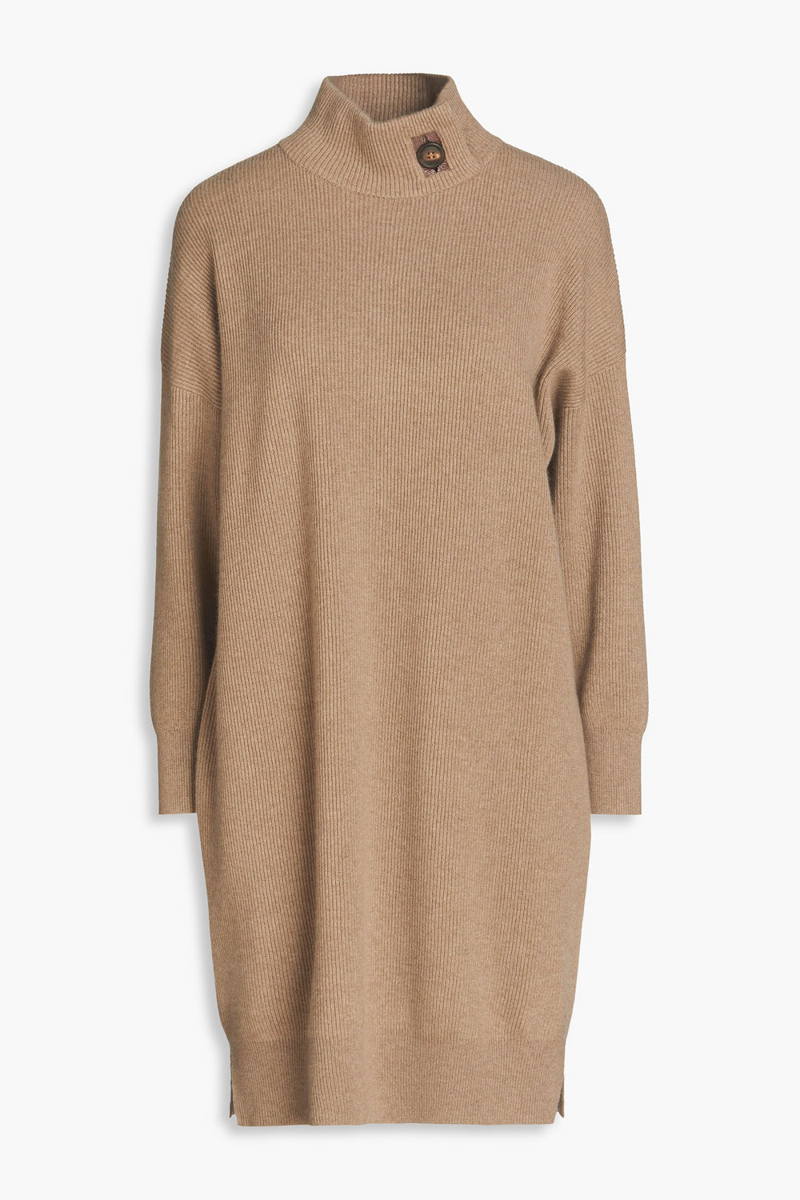 Brunello Cucinelli - Bead-embellished ribbed cashmere turtleneck mini dress - Brown - S