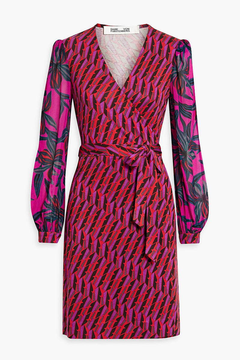 Diane von Furstenberg - Gala chiffon-paneled printed cady mini wrap dress - Purple - L