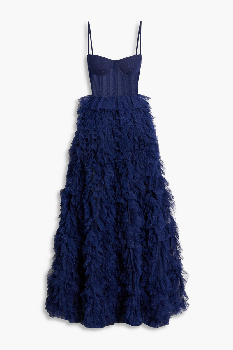 marchesa notte - ruffled point d'esprit gown - blue - us 10