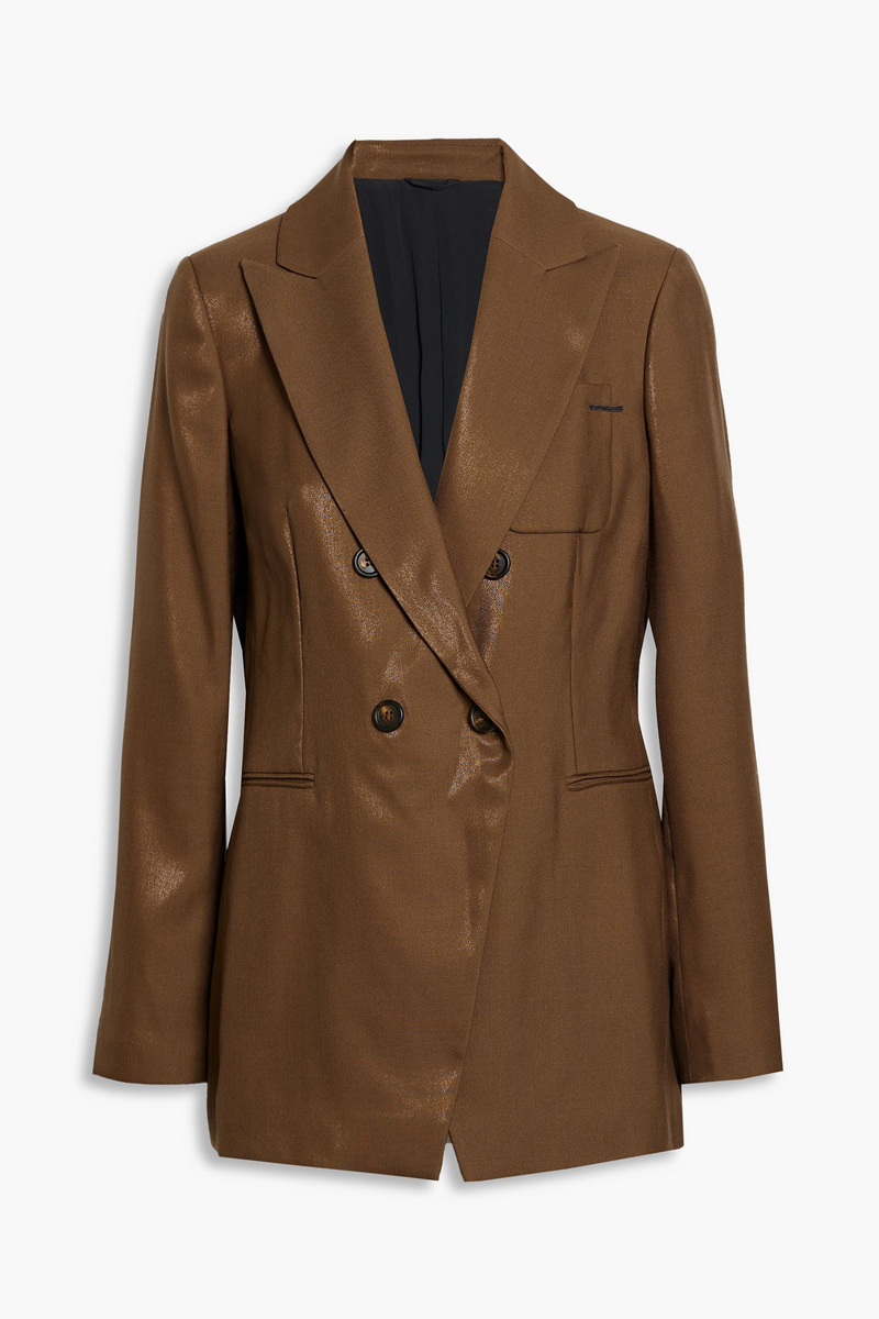 Brunello Cucinelli - Double-breasted metallic wool-blend twill blazer - Brown - IT 42