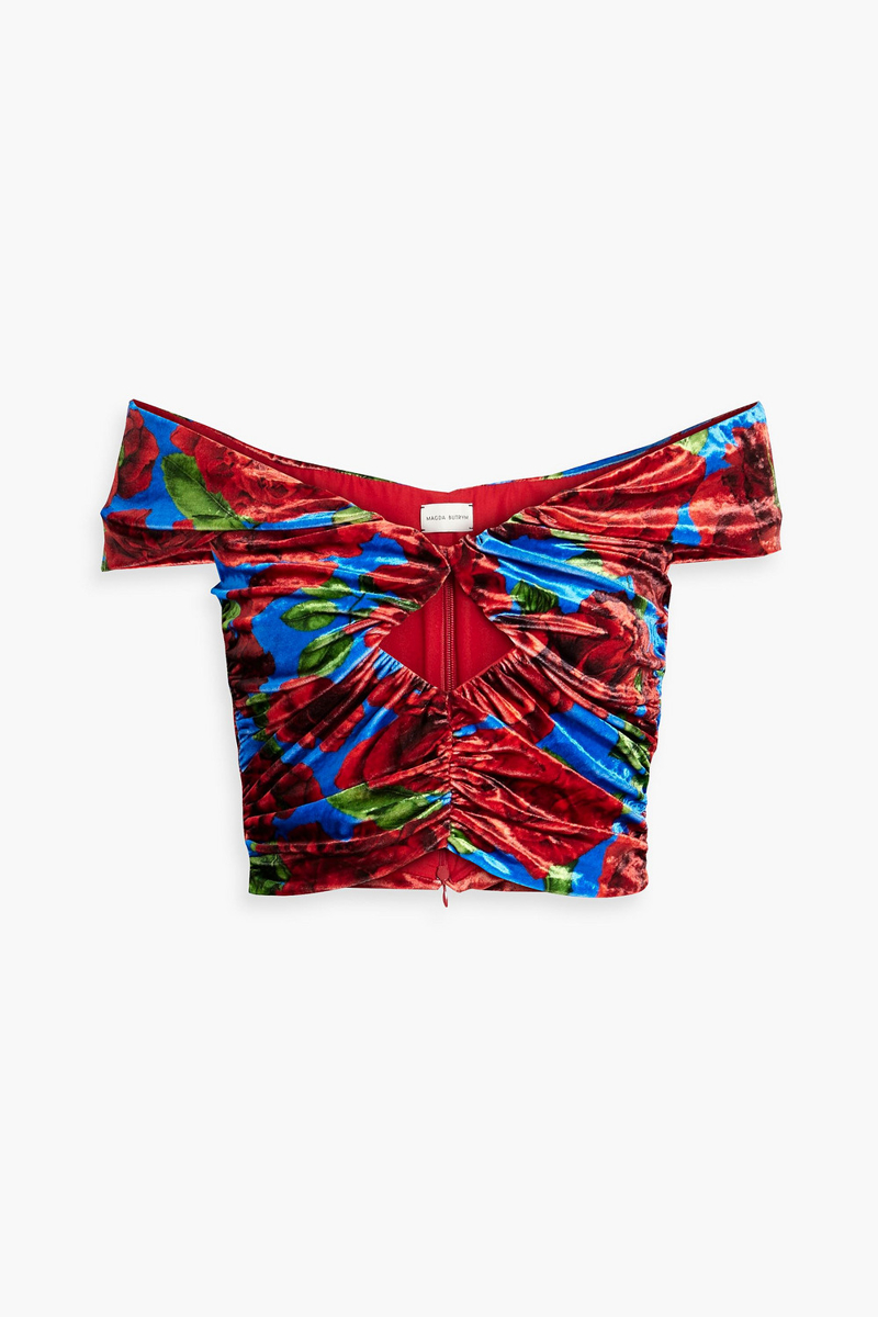 Magda Butrym - Off-the-shoulder cropped floral-print velour top - Red - FR 36
