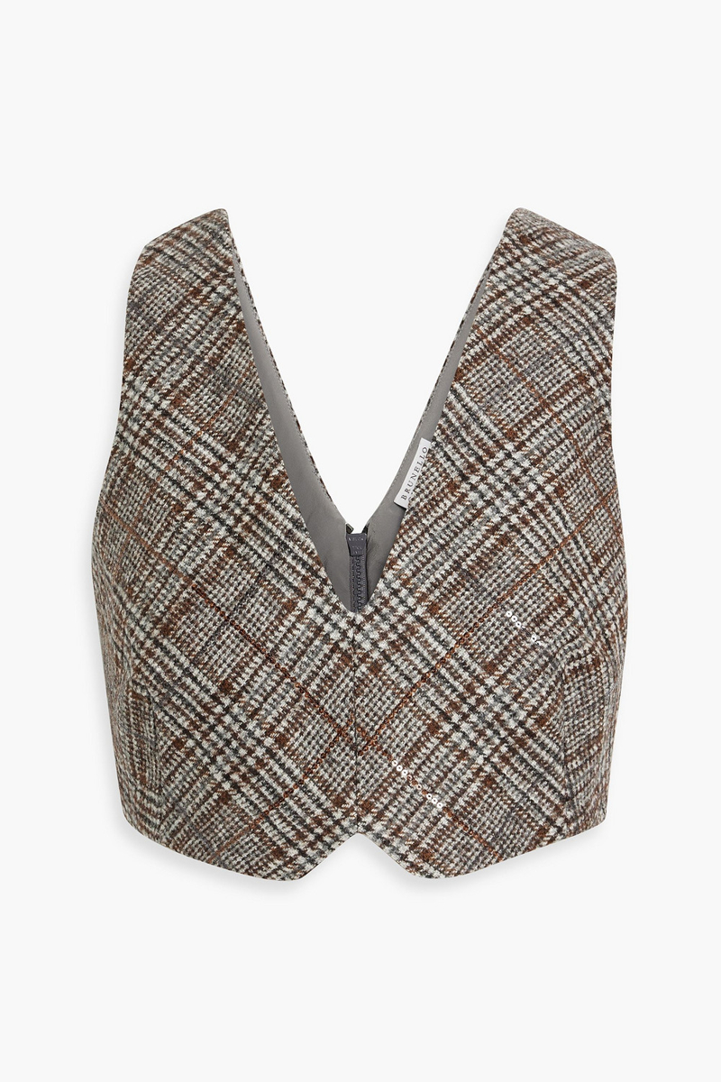 Brunello Cucinelli - Cropped sequined Prince of Wales checked wool and alpaca-blend tweed top - Brown - M