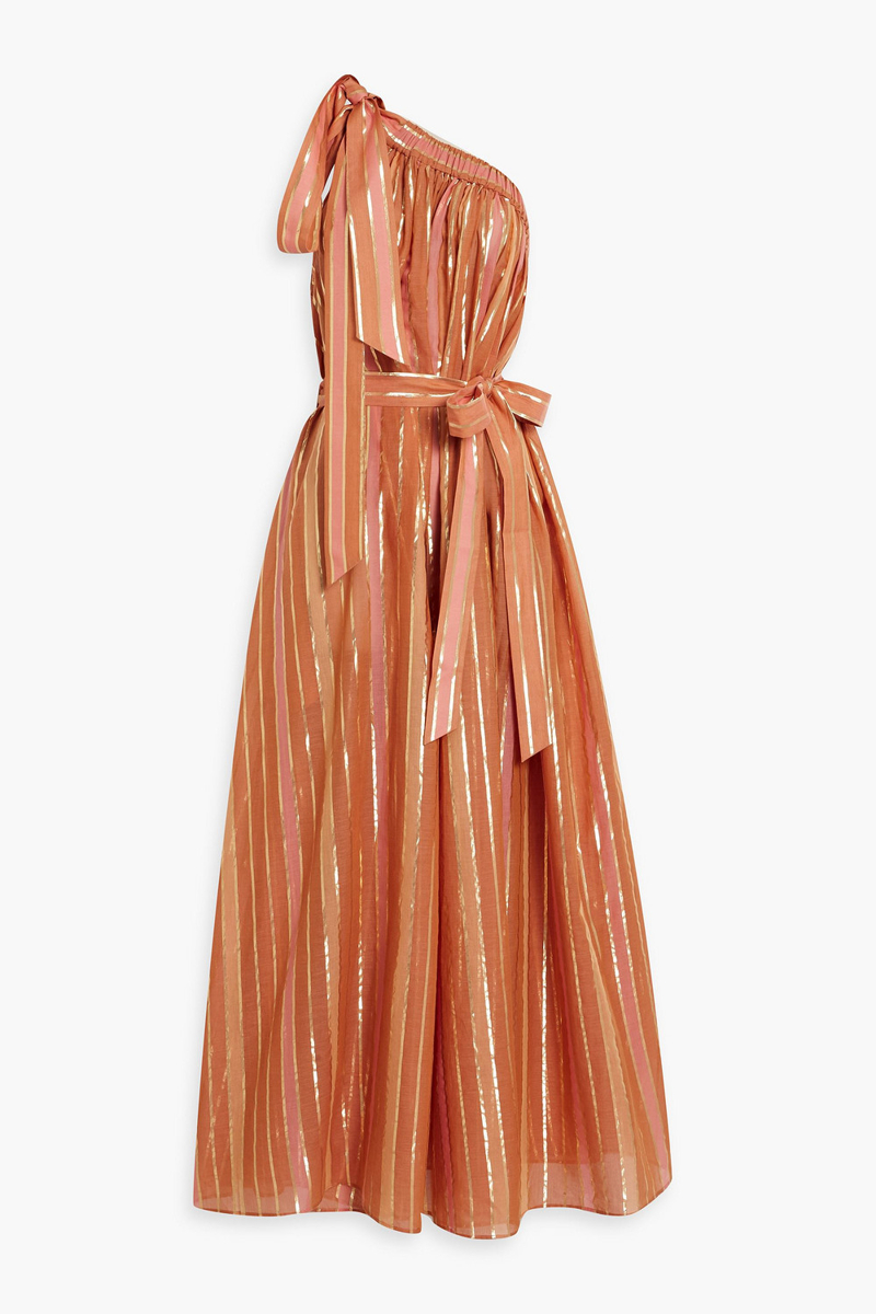 zimmermann - one-shoulder metallic striped cotton-blend voile midi dress - brown - 0