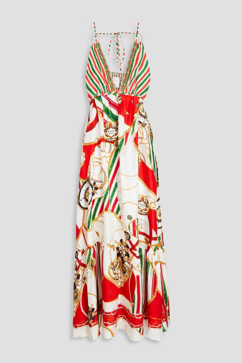 Camilla - Crystal-embellished printed silk-twill maxi dress - White - XXL