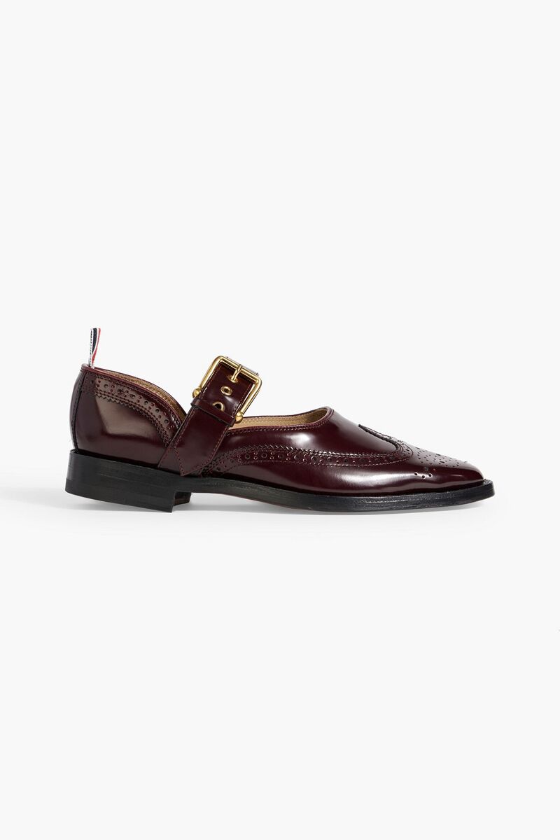 Thom Browne - Perforated glossed-leather Mary Jane flats - Burgundy - EU 40
