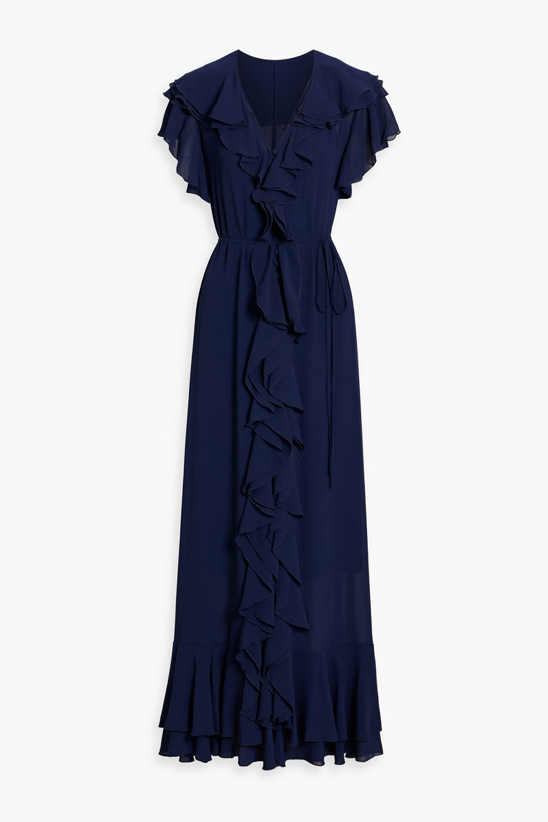 mikael aghal - ruffled crepe de chine maxi dress - blue - us 2