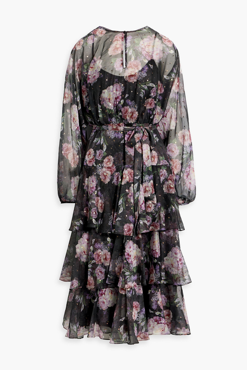 mikael aghal - floral-print metallic fil coupé chiffon midi dress - black - us 2