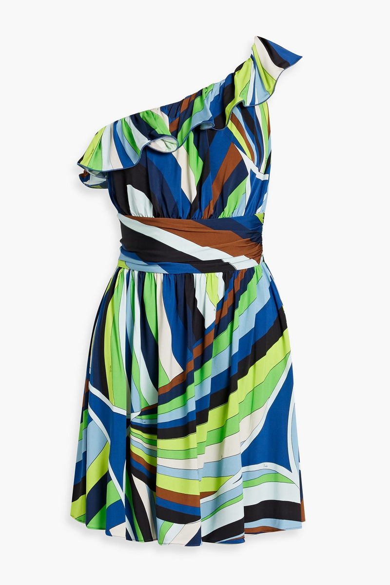 pucci - one-shoulder ruffled printed stretch-jersey mini dress - blue - it 46