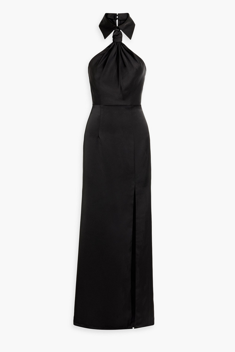 halston - gemi knotted satin-crepe halterneck gown - black - us 0