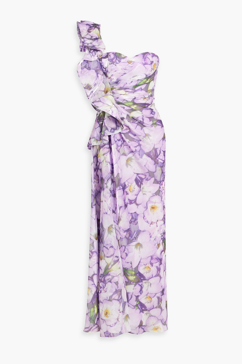 badgley mischka - one-shoulder ruffled floral-print crepon maxi dress - purple - us 8