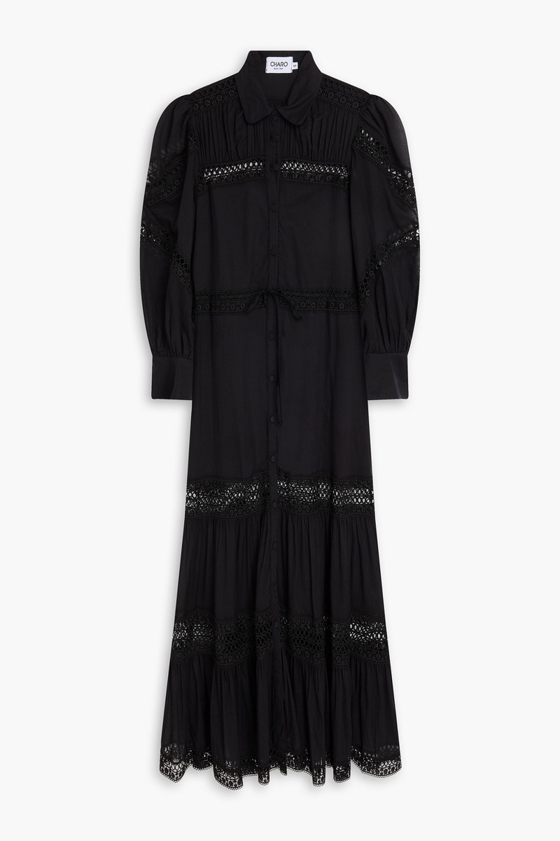 charo ruiz ibiza - ileana guipure lace-trimmed cotton-blend voile maxi shirt dress - black - xs