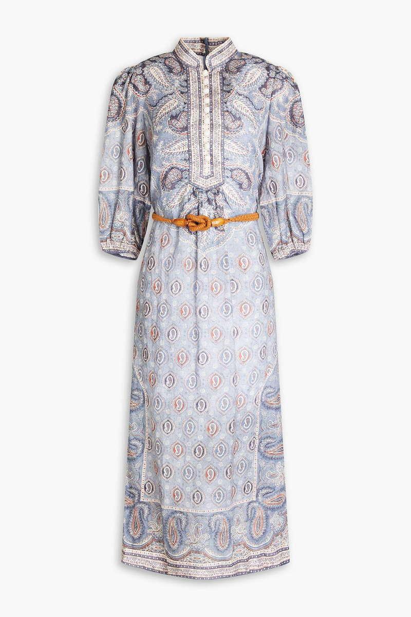 Zimmermann - Belted paisley-print linen midi dress - Blue - 00