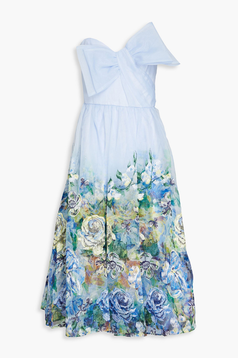 Marchesa Notte - Strapless bow-detailed floral-print organza midi dress - Blue - US 8