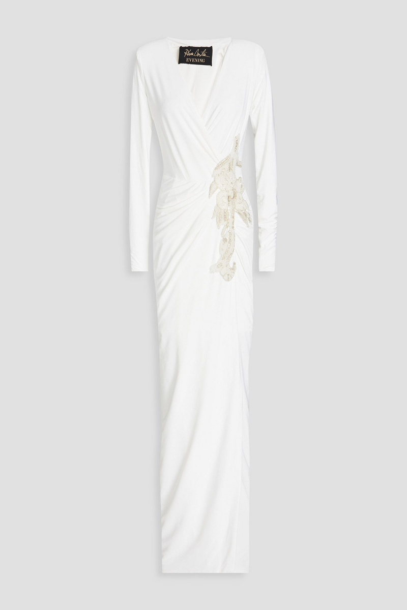 Rhea Costa - Wrap-effect embellished satin-jersey gown - White - IT 42