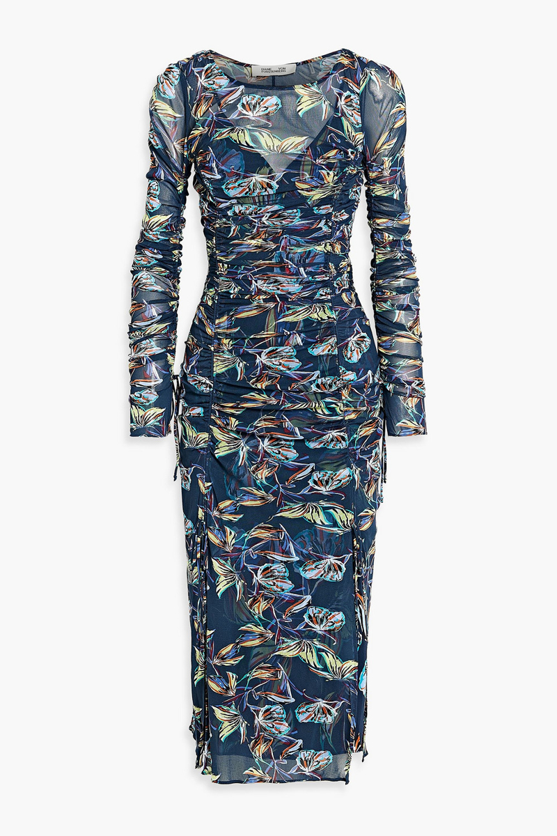 Diane von Furstenberg - Corinne ruched floral-print mesh midi dress - Blue - L