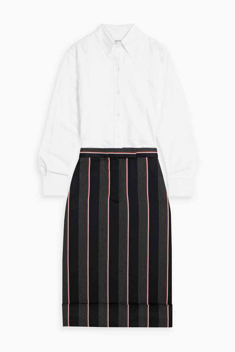thom browne - cotton oxford, piqué and striped wool-blend midi shirt dress - white - it 36