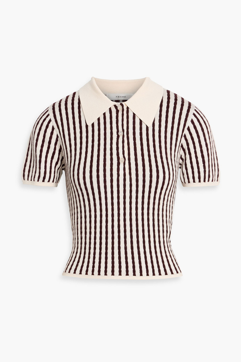 frame - striped cable-knit cashmere and silk-blend polo shirt - brown - xs