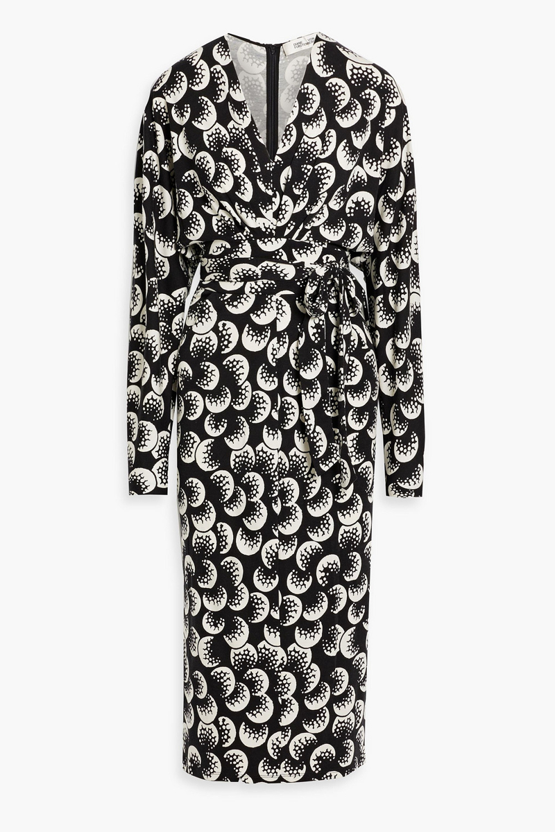 diane von furstenberg - zidane draped printed lyocell and wool-blend jersey midi dress - black - xxs