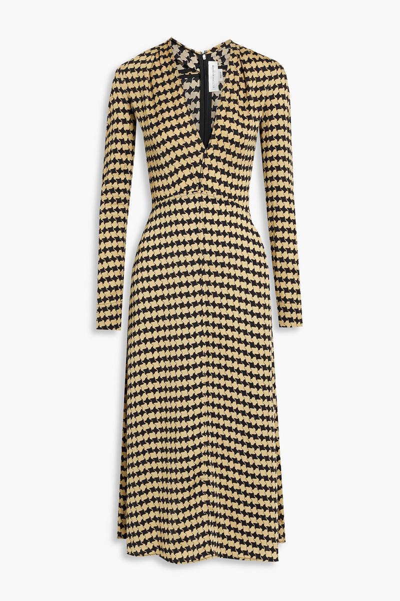 Victoria Beckham - Pleated printed satin midi dress - Black - UK 8