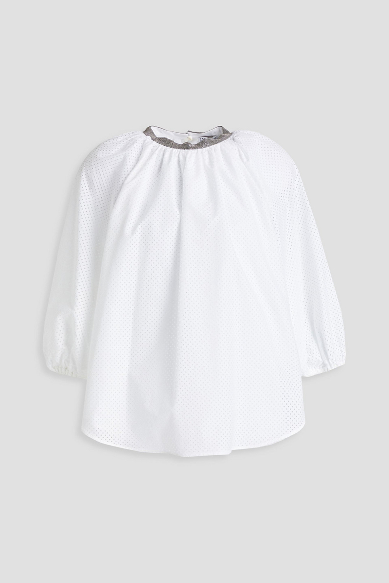 Brunello Cucinelli - Bead-embellished perforated cotton top - White - XXS