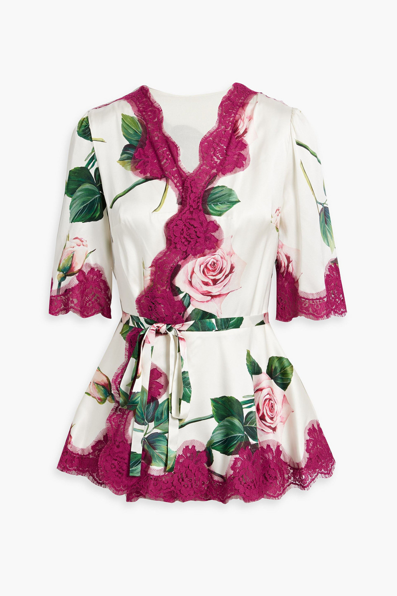 Dolce&Gabbana - Lace-trimmed floral-print silk-blend satin wrap top - Pink - IT 36