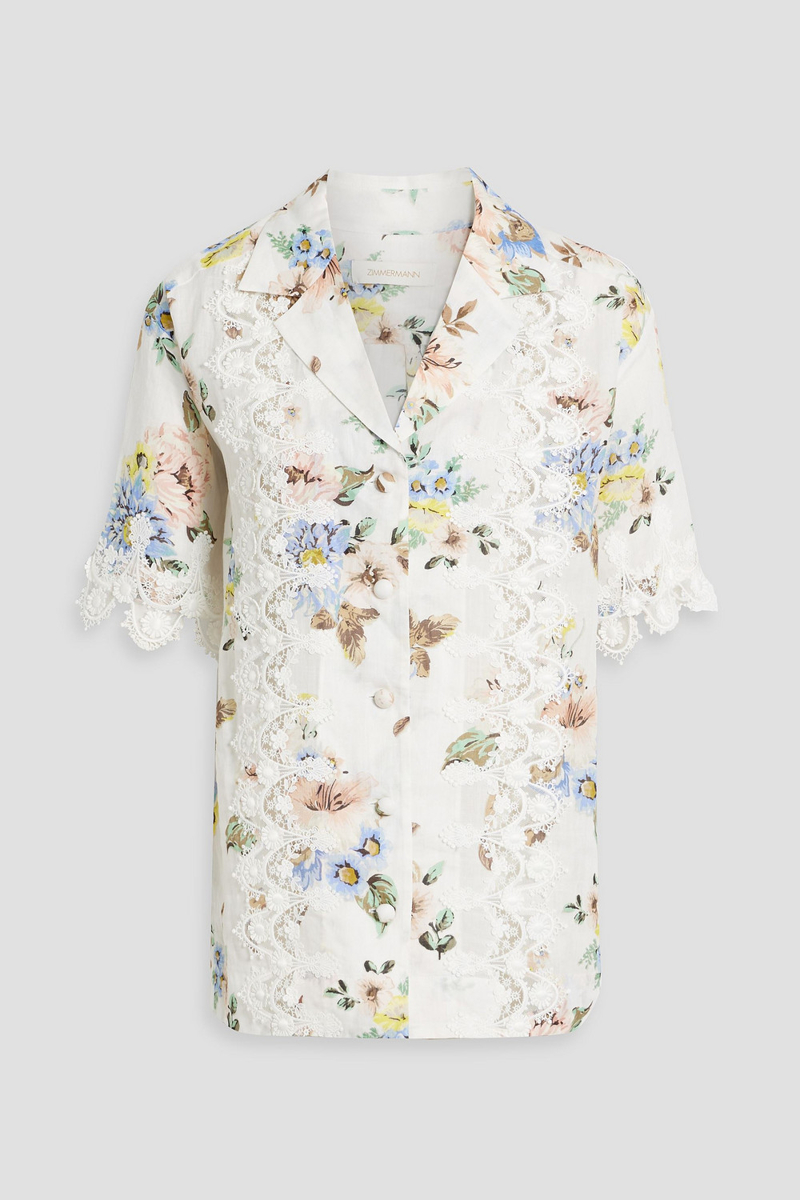 zimmermann - guipure lace-trimmed floral-print ramie shirt - white - 3