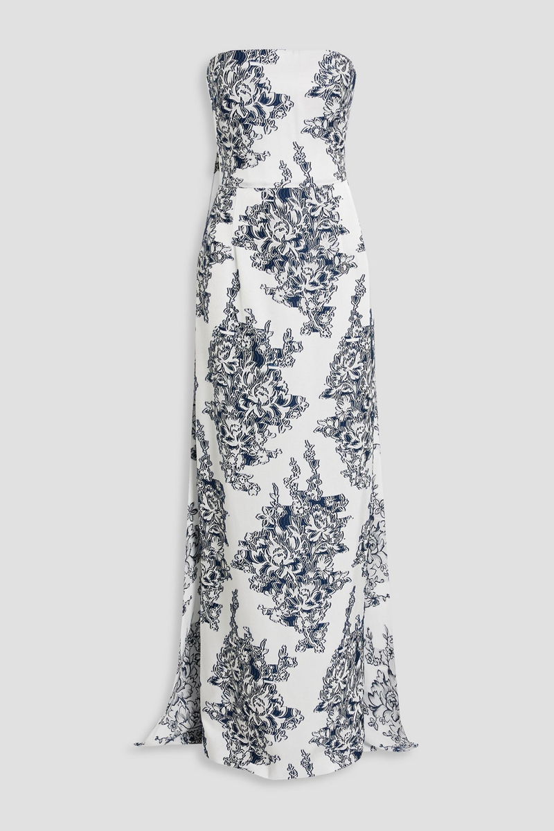 oscar de la renta - strapless draped flocked jacquard gown - blue - us 0