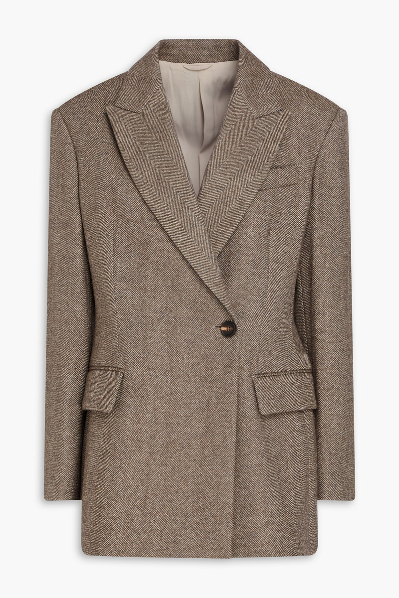 brunello cucinelli - double-breasted herringbone wool-blend felt blazer - brown - it 38