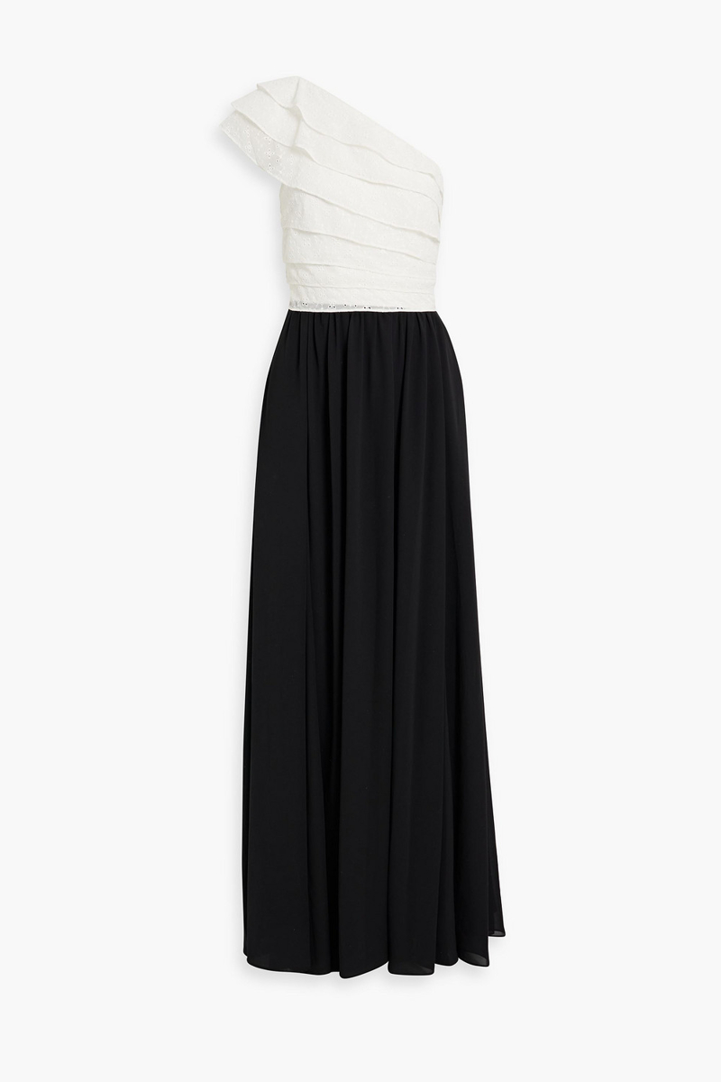 Mikael Aghal - One-shoulder ruffled broderie anglaise and chiffon gown - Black - US 10