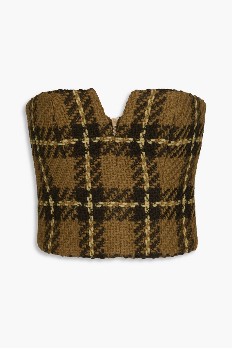 zimmermann - strapless checked wool-tweed bustier top - green - 00