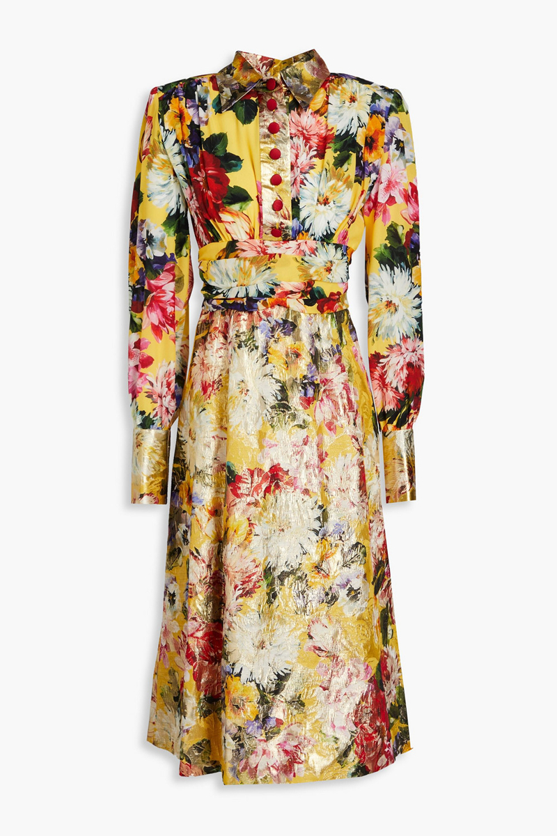 Dolce&Gabbana - Metallic floral-print silk-blend brocade and crepe midi shirt dress - Yellow - IT 36
