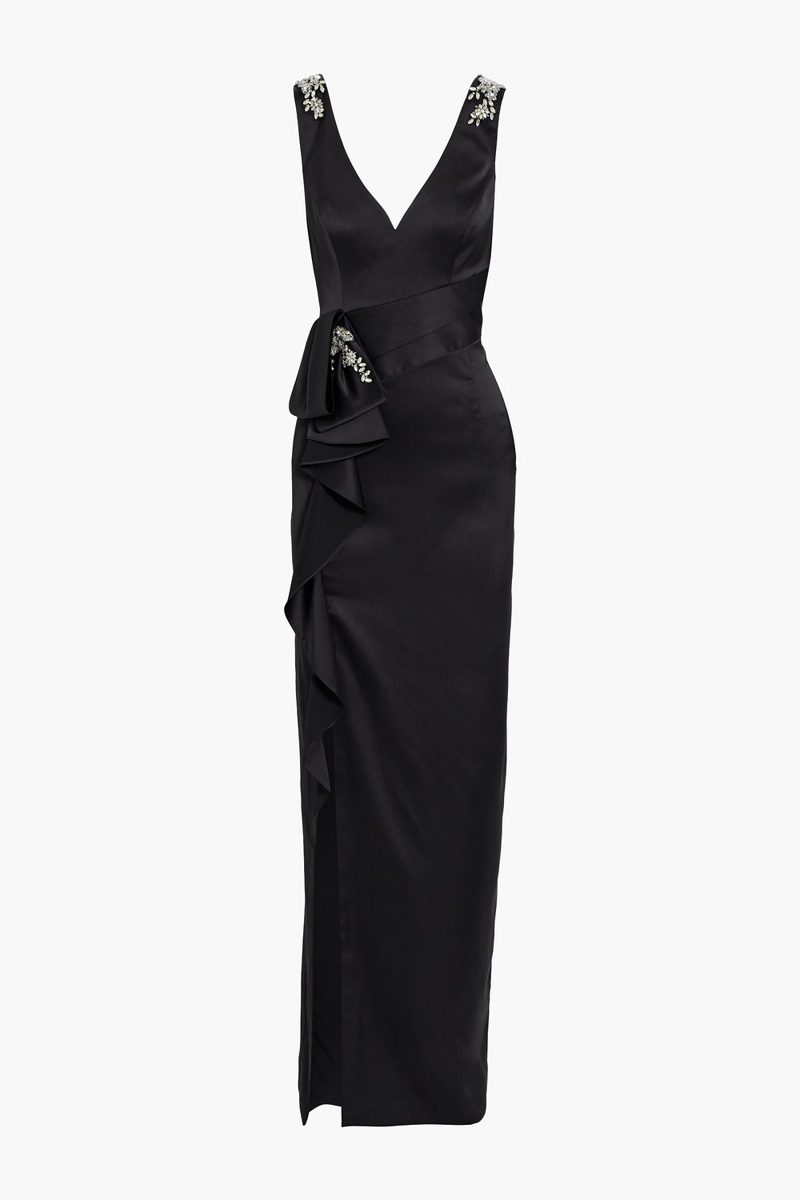 Marchesa Notte - Embellished ruffled satin-crepe gown - Black - US 6