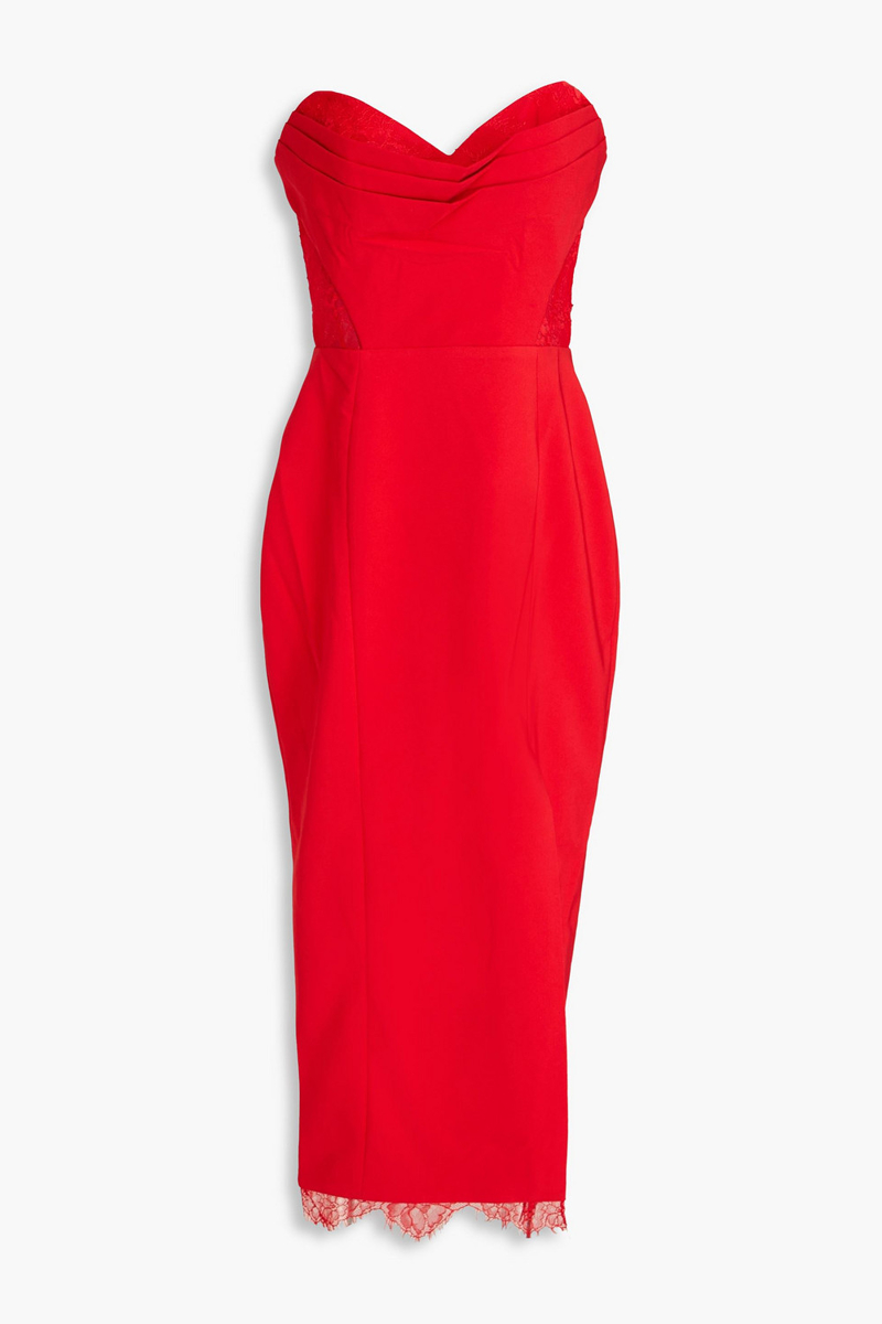 marchesa notte - strapless lace-trimmed pleated crepe midi dress - red - us 8