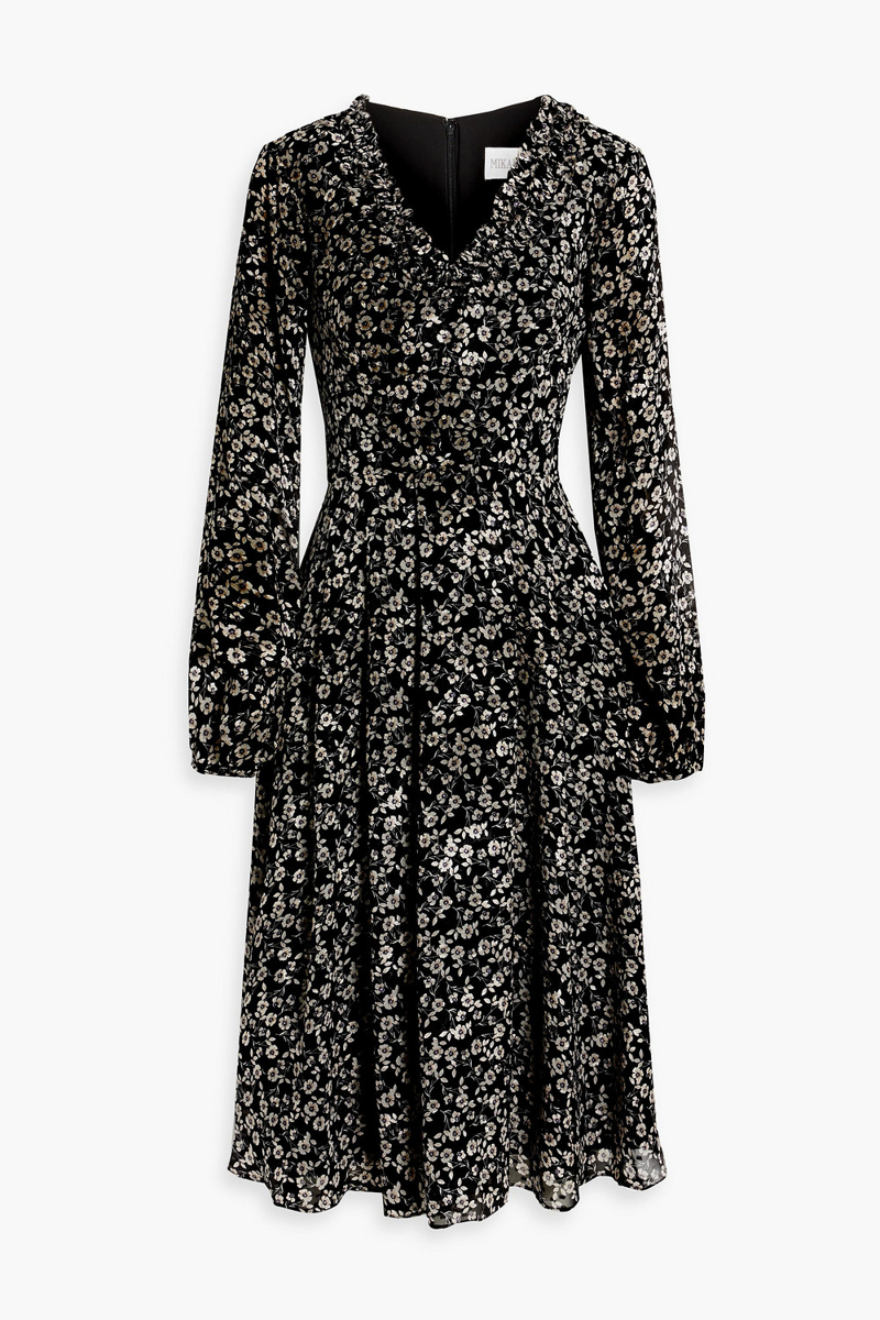 Mikael Aghal - Pleated floral-print fil coupé chiffon midi dress - Black - US 6