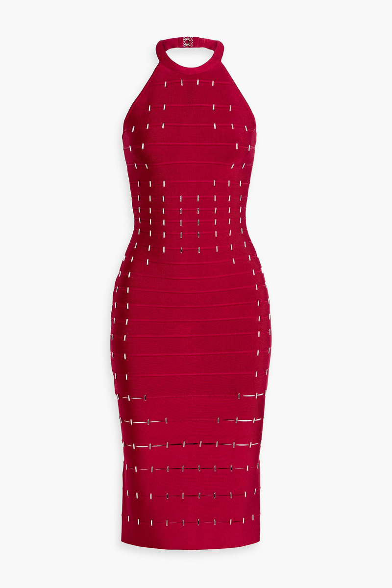 hervé léger - joanne crystal-embellished bandage halterneck midi dress - red - m
