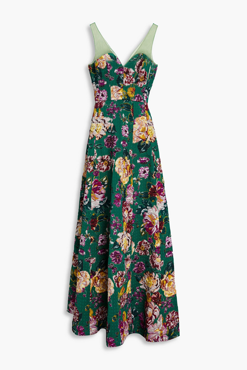 Marchesa Notte - Tulle-trimmed floral-jacquard gown - Green - US 6