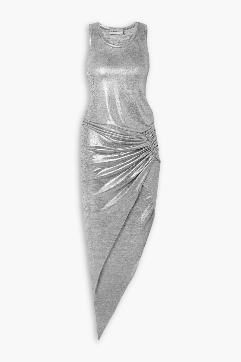 Alexandre Vauthier - Asymmetric gathered metallic stretch-jersey midi dress - Metallic - FR 34
