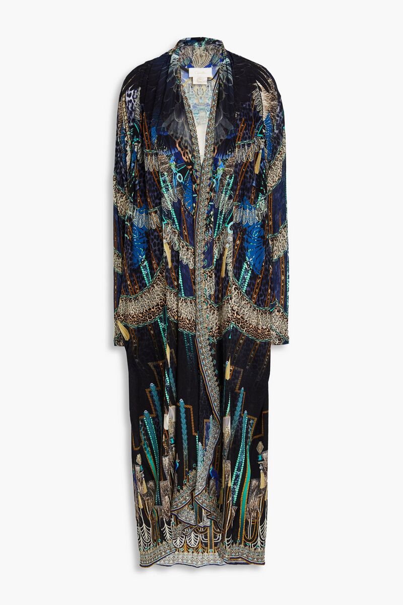 Camilla - Embellished printed silk crepe de chine and jersey kimono - Blue - L/XL