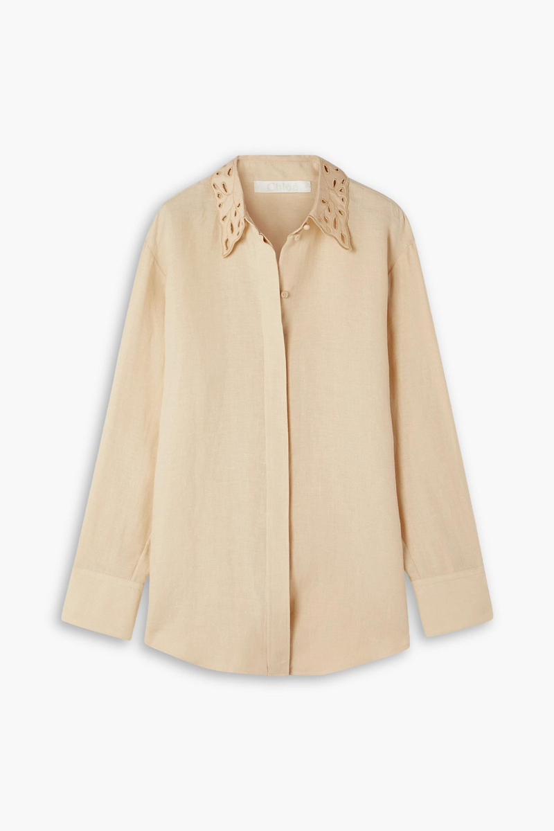Chloé - Broderie anglaise-trimmed linen shirt - Neutral - FR 34