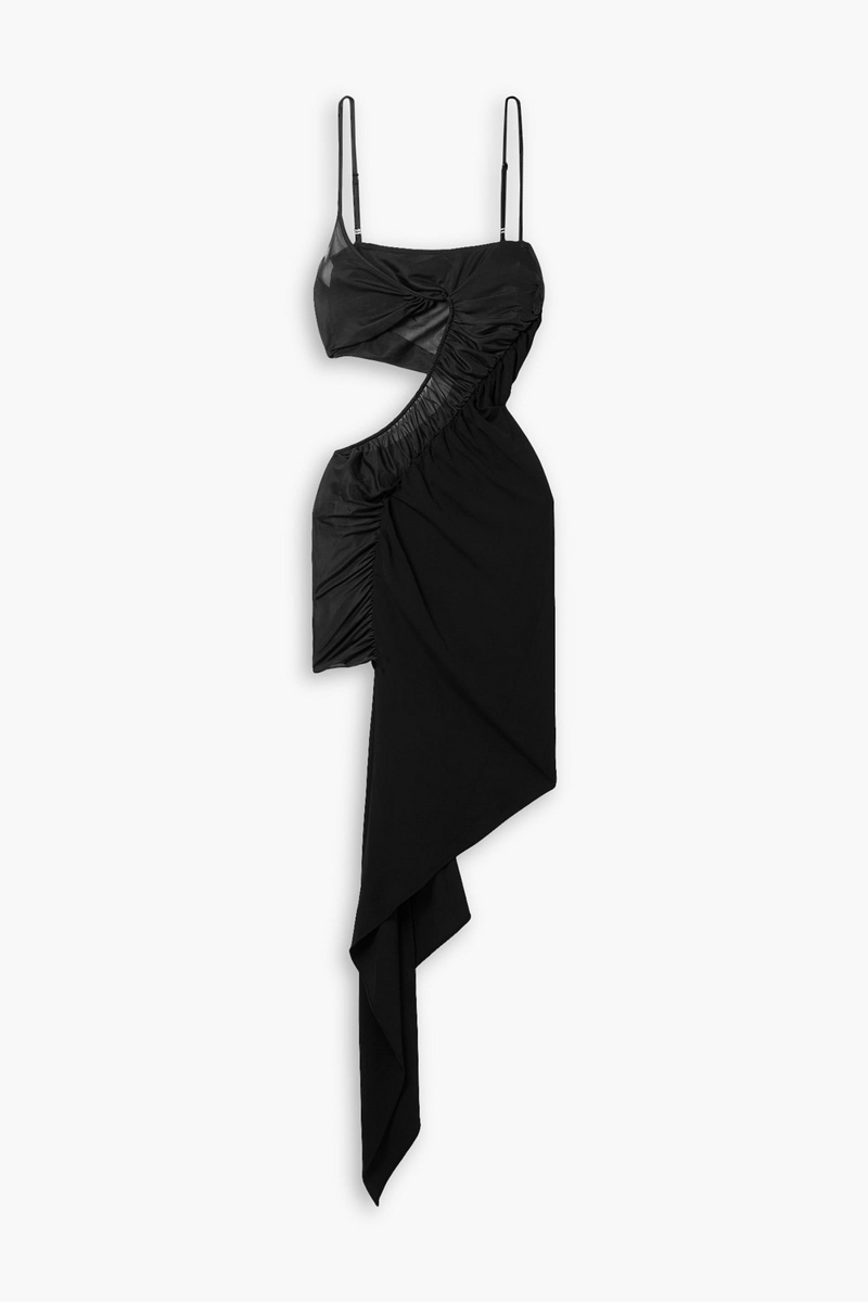 Mugler - Asymmetric cutout tulle-trimmed stretch-jersey mini dress - Black - FR 42