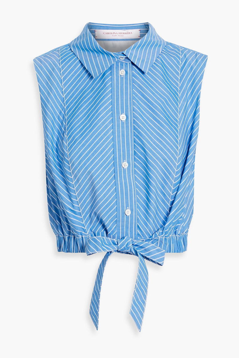 carolina herrera - cropped bow-detailed striped cotton-poplin top - blue - us 8