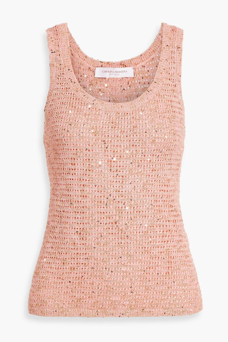 Carolina Herrera - Embellished metallic pointelle-knit cotton-blend top - Pink - XS