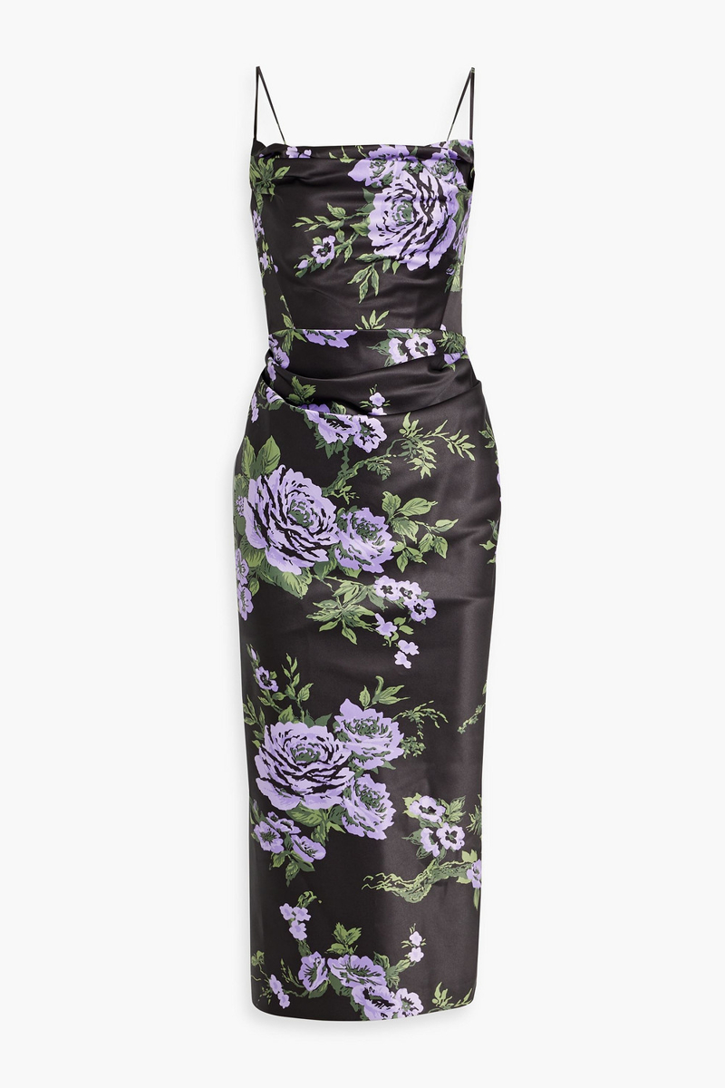 carolina herrera - draped floral-print satin midi dress - black - us 10