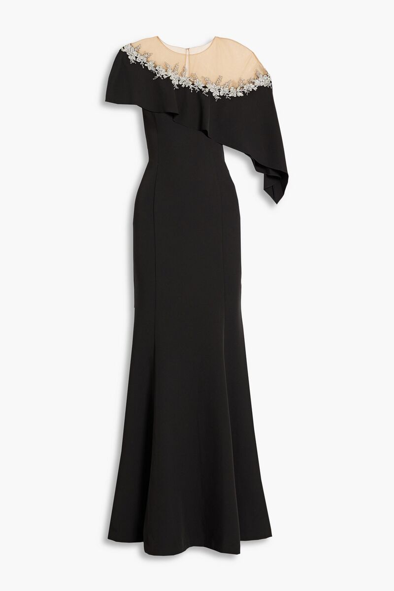 Marchesa Notte - Embellished tulle-paneled draped crepe gown - Black - US 8