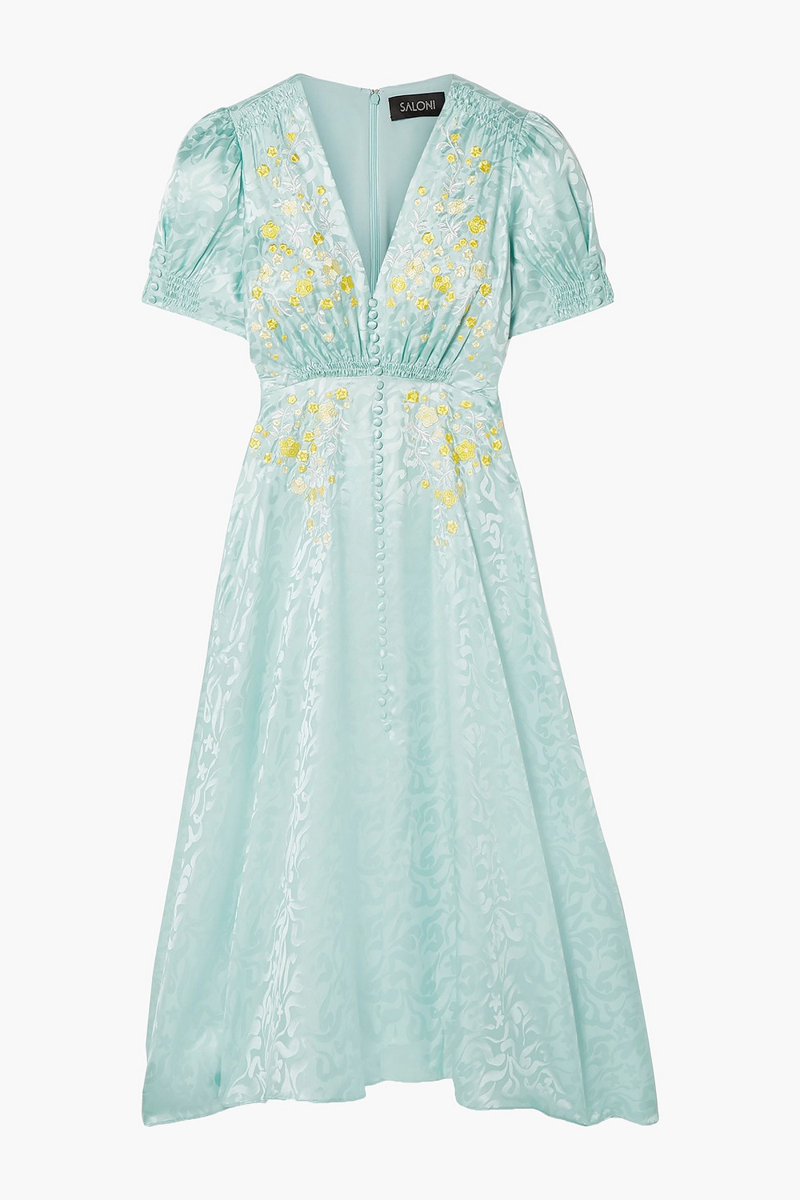 Saloni - Lea shirred embroidered silk-satin jacquard midi dress - Green - UK 14