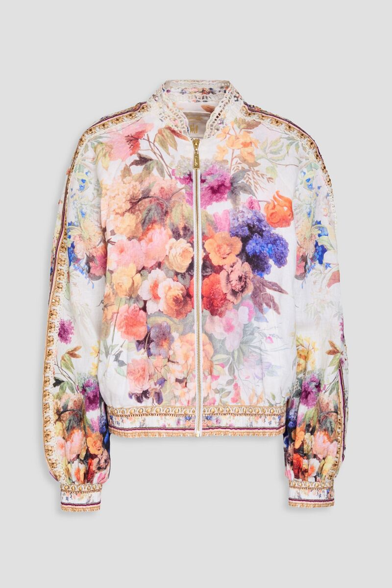 Camilla - Embellished floral-print linen bomber jacket - Multicolor - XXL
