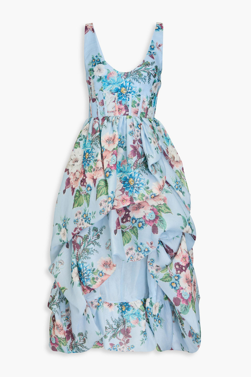 zimmermann - floral-print linen and silk-blend midi dress - blue - 2