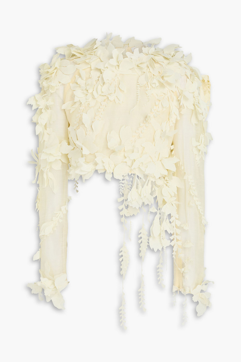 zimmermann - cropped floral-appliquéd linen and silk-blend top - yellow - 00